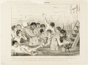 منبع نهر السين هو كوت دور، ويصب في القناة. ويمر في طريقه بباريس حيث يهرب السكان من حرارة الصيف ويحاولون أن يجدوا في هذا النهر النضارة والنقاء، لوحة 3 من لوحة 3 من ليه بينيور بواسطة أونوريه فيكتورين دومييه