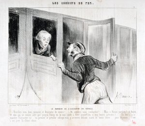 عمل فني من قبل هونور دومير (1808-1879). يعود تاريخ Charivari إلى عام 1843: Serie LES RAILWAYS خطر النوم في رحلة "" - استيقظ سيدي وانزل من السيارة! - إلى أين نقود؟ - لكن روان باربلو! - في روان وأنا الذي أردنا فقط الذهاب إلى Poiss بواسطة الشرف دومييه
