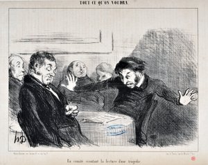 عمل فني من قبل هونور دومير (1808-1879). يعود تاريخ Charivari إلى عام 1852: Serie ALL CE QU'ON VILUA "" - لجنة تستمع إلى قراءة مأساة "" MUSEE DES BEAUX ARTS - PALAIS LONGCHAMP، MARSEILLE بواسطة الشرف دومييه