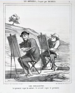 عمل فني من قبل هونور دومير (1808-1879). يعود تاريخ Charivari إلى عام 1865: Serie LES ARTISTS Les paysagistes. "النسخ الأولى بطبيعتها ، النسخة الثانية هي الأولى" "MUSEE DES BEAUTS ARTS - PALAIS LONGCHAMP ، MARSEILLE بواسطة الشرف دومييه