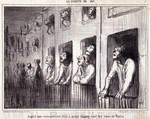 كارتون عن العلم. Serie Sur "" la Comete de 1857 "": "" الجانب الذي يبدأ بالفعل في الظهور كل ليلة في شوارع باريس "". نقش هونور داوميير (1808-1879). مقتطف من جريدة "لو شريفاري". خافت 38x25 سم. Inv D - box 7 م بواسطة الشرف دومييه