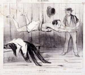 كارتون عن السياح في إجازة. سلسلة "" Les Baigneurs "": "" La lecon a dry "" ". سلسلة "" Les Baigneurs "": "" La lecon a dry "" ". نقش هونور داوميير (1808-1879). مقتطف  بواسطة الشرف دومييه