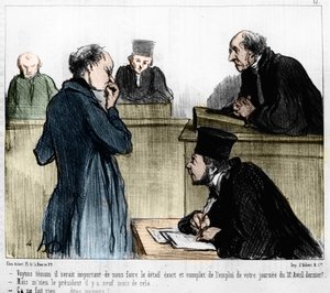 رسم كاريكاتوري لدومييه: مسلسل "" Les Gens de Justice "" نُشر في "" Charivari "بتاريخ 1846/03/04. سماع الشاهد. بواسطة الشرف دومييه