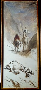 رسم دون كيشوت والبغل الميت من رواية ميغيل سيرفانتس "دون كيشوت دي لا مانشا" (El ingenioso Hidalgo Don Quijote de la Mancha). اللوحة التي رسمها هونور دومير (1808-1879). القرن التاسع عشر. 1،32x0،54 م. بواسطة الشرف دومييه