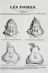 الكمثرى: كاريكاتير يمثل تحولا لوجه لويس فيليب في الكمثرى. رسم بواسطة Honore Daumier (1808-1879) بعد الرسم الأصلي الذي رسمه تشارلز فيليبون (1806-1862) "" La Caricature "، يناير 1832 ، باريس ، متحف كارنافالي بواسطة الشرف دومييه