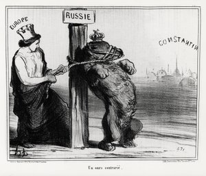 روسيا: دب مستاء (من أوروبا). في مارس 1854 ، شكلت فرنسا وإنجلترا تحالفًا مع تركيا ضد روسيا. رسم توضيحي بقلم هونوره دومير (1808-1879) ، نُشر في الأخبار ، "Charivari" بواسطة الشرف دومييه