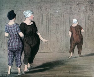 سلسلة "Les batheuses" "امرأتان ترتديان ملابس السباحة تفحصان قصة أخرى ، كاريكاتير من تأليف Honore Daumier (1808-1879) 1844 (السباحون: سيدتان ترتديان بدلة سباحة ، وتنظران إلى أعلى وأسفل عند خصر امرأة أخرى) مجموعة خاصة بواسطة الشرف دومييه