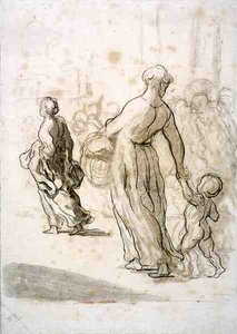 امرأتان وطفل ، حوالي 1848-50 (طباشير وفحم وغواش على ورق مضغوط عتيق) بواسطة الشرف دومييه