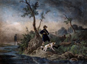 صيد البط في المستنقعات ، نقش يعتمد على الرسم بواسطة هوراس فيرنيه (1789-1863) بواسطة إميل جان هوراس فيرنيه