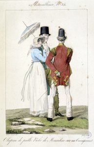 نقش على الموضة لهوراس فيرنيه (1789 - 1863) صنع حوالي عام 1810 للرقم 25 من “Marvelous” ، الذي يمثل الموضة الأنثوية (قبعة القش واللباس الشيفون) والمذكر. بواسطة إميل جان هوراس فيرنيه