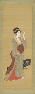 غيشا على وشك تعديل دبوس شعر على شكل صدف السلحفاة ، أواخر القرن الثامن عشر. بواسطة Hosoda eisi