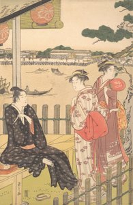 مجموعة في بيت الشاي على ضفة نهر سوميدا ، كاليفورنيا. 1790. بواسطة Hosoda eisi