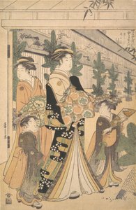 اثنين من Oiran مع اثنين من المرافقين في Yoshiwara. بواسطة Hosoda eisi