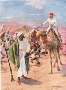 "ركب جوردون وحده وغير مسلح في معسكر النخاسين" ، رسم توضيحي من "الأعمال الشجاعة من قبل الرجال الشجعان" بقلم سي. شيريدان جونز ، حانة. 1922 (ليثو) بواسطة هوارد ديفي