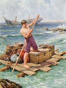 إحضار الطوافة من الحطام ، رسم توضيحي لـ "روبنسون كروزو" بقلم دانيال ديفو (1660-1731) (ليثو ملون)