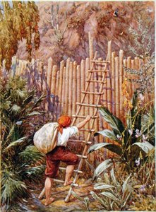 كروزو وقلعته، رسم توضيحي لـ "روبنسون كروزو" بقلم دانييل ديفو (1660-1731) (ليثو ملون)