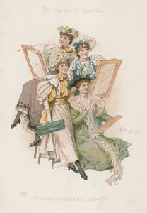 مجموعة من أربع نساء يرتدين ملابس أنيقة ويحملن ألواح رسم (طباعة حجرية ملونة) بواسطة هوارد ديفي