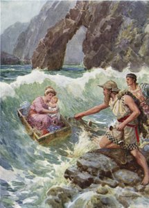 رسمها والطفل بأمان على حافة صخرة. من كيف جاء Perseus ووالدته إلى Seriphos (لون litho)