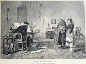 امرأتان ايرلنديتان تقدمان هدية لرجل دين. نقش هـ. ويردمولر بعد لوحة هـ. هيلميك في القرن التاسع عشر.
