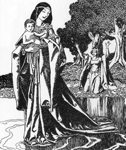 Arthurian Legend: la dame du Lac ableve Lancelot enfant (تحمل لانسلوت بواسطة سيدة البحيرة) رسم توضيحي لهوارد بايل (1853-1911) من مجموعة خاصة من "قصة أبطال المائدة المستديرة" 1903 بواسطة هوارد بايل