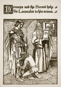 Denneys و Hermit يساعدان السير Launcelot على درعه ، التوضيح من "قصة السير Launcelot ورفاقه" ، 1907 بواسطة هوارد بايل