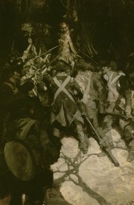 الجنرال واين يسعى لقمع تمرد أفواج بنسلفانيا في موريستاون ، نيوجيرسي 1781 ، من "جيش الولايات المتحدة" بقلم فرانسيس في غرين ، نُشر في مجلة سكريبنر ، سبتمبر 1901 (زيت على قماش) بواسطة هوارد بايل