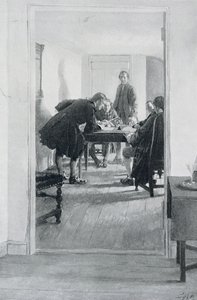 في Old Raleigh Tavern ، رسم توضيحي من "At Home in Virginia" بقلم Woodrow Wilson ، حانة. في مجلة هاربر 1896 بواسطة هوارد بايل