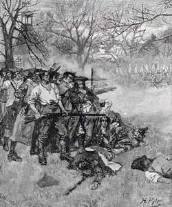 Lexington Green - "إذا كانوا يريدون الحرب ، فقد تبدأ هنا أيضًا" ، نقشها FH Wellington ، من مجلة Harper ، 1883 بواسطة هوارد بايل
