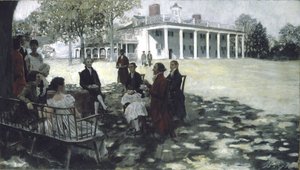 مارثا وجورج واشنطن يستمتعان بأصدقائهما في حديقة جبل فيرنون ، 1898 (زيت وشواية على قماش) بواسطة هوارد بايل