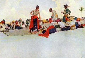 تقاسم الكنز بين القراصنة لم شملهم في دائرة. رسم توضيحي من "كتاب القراصنة القراصنة والمارونيين في إسبانيا الرئيسية" بقلم هوارد بايل (1853-1911) ، رسام أمريكي بواسطة هوارد بايل