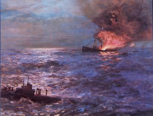 Merchant vessel shelled by German U-boat in WW2 (colour litho)