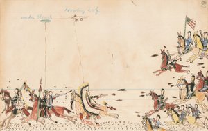 تحت السحابة و Howling Wolf يقاتلون مع الجنرال سولي في عام 1868 ، الكافي السابع بالقرب من Present Camp Supply ، 1874-75 (قلم ، حبر مع مرحاض على ورق دفتر الأستاذ)