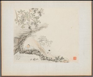 ألبوم لوحات المناظر الطبيعية التي توضح القصائد القديمة: رجل يكذب تحت عبء روكي ، 1700s.