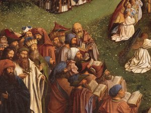 تفاصيل عبادة الحمل الصوفي ، من اللوحة المركزية لمذبح غينت (زيت على لوح) بواسطة Hubert & Jan van (1390 1441) Eyck