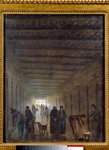 الثورة الفرنسية: "" أروقة سجن سانت لازار عام 1793 "لوحة رسمها هوبرت روبرت (1733-1808) 1793 صن. 0.4x0.32 م. باريس ، متحف كارنافالي بواسطة هوبير روبرت