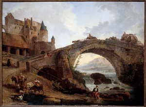 Landscape with Bridge Painting by Hubert Robert (1733-1808) 1776 Sun. 0,76x1,04 m Montpellier musee Fabre بواسطة هوبير روبرت