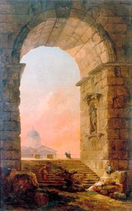 منظر طبيعي مع قوس وكنيسة القديس بطرس في روما ، 1773. بواسطة هوبير روبرت