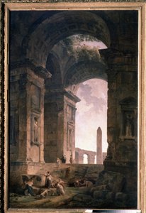أطلال بمسلة. لوحة لهوبير روبرت (1733-1808) ، زيت على قماش بواسطة هوبير روبرت