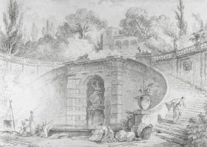 الدرج الكبير ، 1761-1765 (قلم وحبر أسود وفرشاة وغسل رمادي وألوان مائية على الطباشير السوداء تتدهور على ورق أبيض فاتح ، بعلامة مائية) بواسطة هوبير روبرت