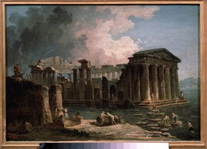 معبد محاط بالمياه. لوحة لهوبير روبرت (1733-1808) ، زيت على قماش ، حوالي 1780 ، فن فرنسي. State A. متحف بوشكين للفنون الجميلة ، موسكو. بواسطة هوبير روبرت