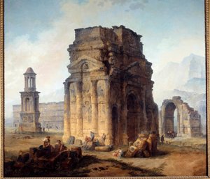 منظر لقوس النصر ومسرح الرسم البرتقالي بواسطة هوبرت روبرت (1733-1808) شمس القرن الثامن عشر. 2،42x2،42 م بواسطة هوبير روبرت