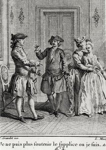 لم أعد أستطيع تحمل العذاب هنا حيث أنا ، رسم توضيحي لـ Eugenie by Beaumarchais ، محفور بواسطة Louis Joseph Masquelier (1741-1811) بواسطة هوبرت بعد Gravelot