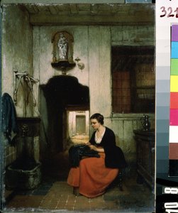 "La brodeuse" (المطرزة) شابة تقوم بأعمال الخياطة في الداخل البلجيكي. لوحة من قبل Hubertus van Hove (1814-1865) 1860 متحف ميخائيل كروشيتسكي للفنون ، سيفاستوبول (سيفاستوبول) أوكرانيا بواسطة هوبرتوس فان هوف