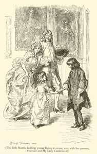 تطلب بياتريكس الصغيرة من هنري أن يأتي أيضًا مع والديها ، Viscount و My Lady Castlewood (نقش) بواسطة هيو طومسون