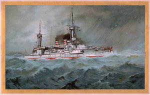 SMS Linienschiff Brandenburg (معطف النبالة النسر الأحمر على الدرع الأبيض ، SMS Wörth = نسر الإمبراطور الأسود على الدرع الذهبي) بواسطة هوغو جراف