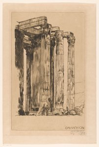 Olympieion مع رجلين أمام عمود Oλymπeion (العنوان على الكائن)