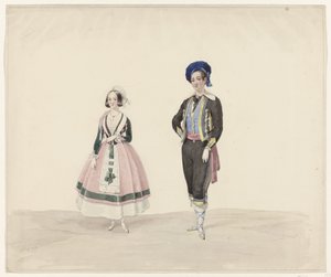 رجل وامرأة في زي الفترة ، 1841 ستة ألوان مائية من الأزياء التاريخية للكرة التنكرية في عام 1841 (عنوان السلسلة)