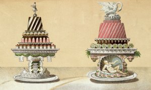 تصميم لتقديم شارلوتز لا رين وألم دو فرامبويز لا ليدا ، رسم توضيحي من كتاب طبخ هنغاري عن الطبخ الفرنسي ، c.1880 بواسطة المدرسة المجرية