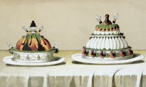 تصميم لتقديم الدجاج المحشو بصلصة كبد الإوز وصدور الدراج المطبوخة بطريقة Berthold ، التوضيح من كتاب طبخ مجري عن الطبخ الفرنسي ، c.1880 بواسطة المدرسة المجرية