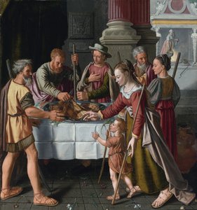 Pessa'h - عيد الفصح الأول حسب Beuckelaer ، Huybrecht (نشط 1563-1584). زيت على خشب ، مقاس: ١٠٥ × ٩٩ بواسطة Huybrecht Beuckeleer أو Beuckelaer